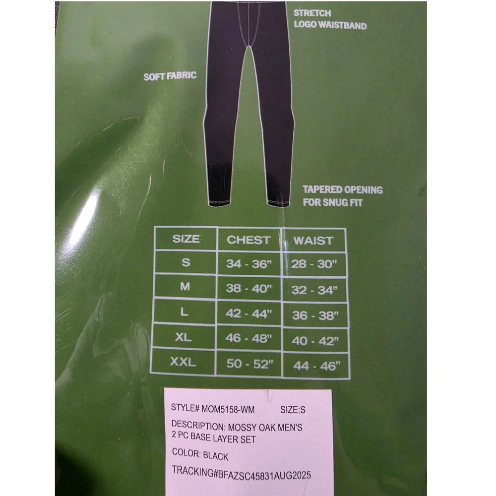 Mossy Oak Mens 2 Piece Base Layer‎ Set Black Thermal Underwear Small MOM5158-WM
